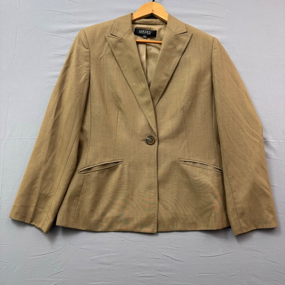 Kasper Womens Tan Khaki Single Button Lined Blazer‎ Jacket Size 14 Professional